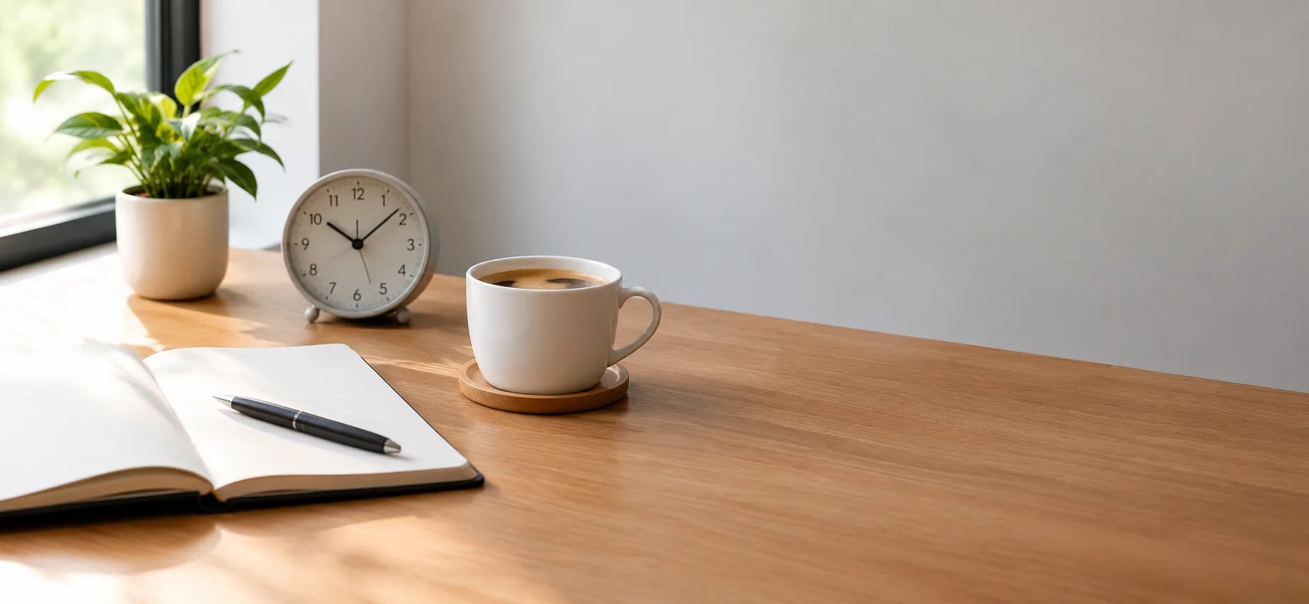 Person planning their day at a clean desk with a notebook and clock, representing how to use time properly