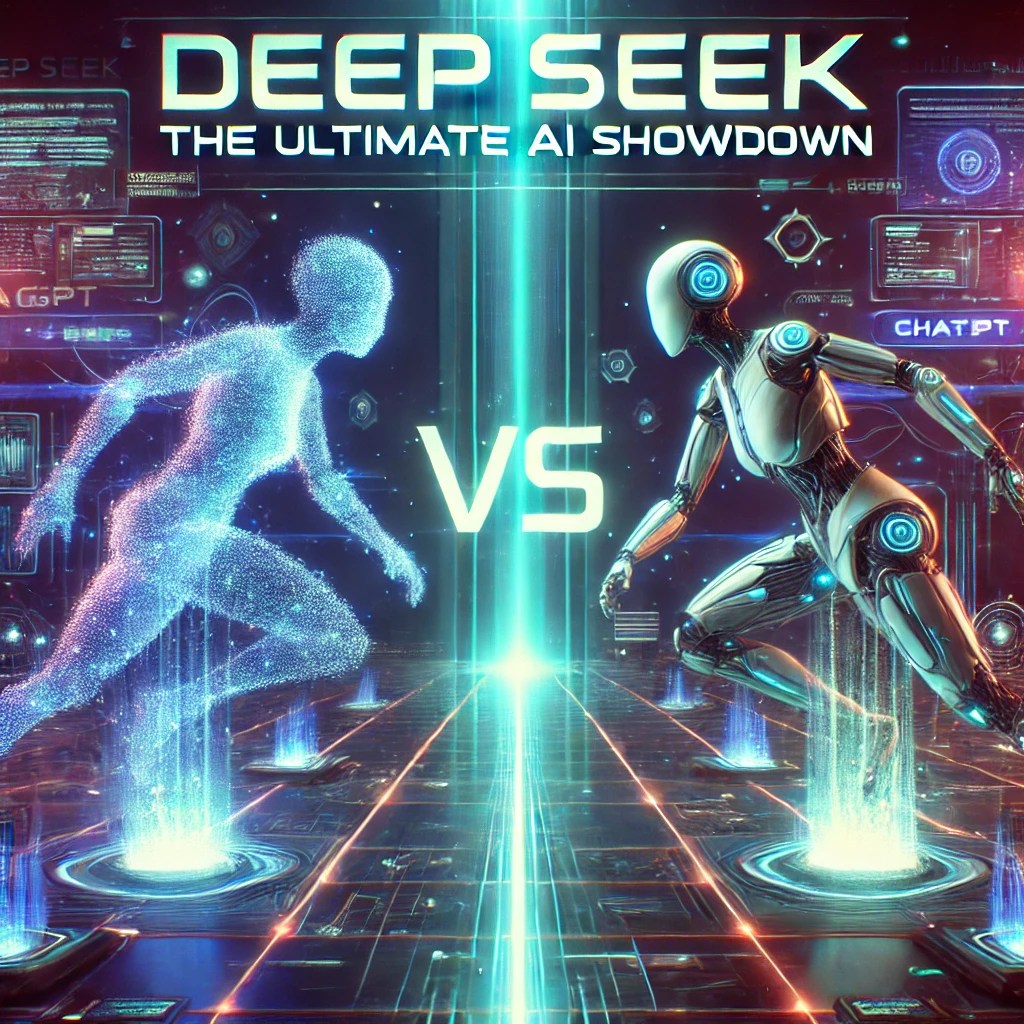 deepseek-vs-chatgpt-ai-comparison DeepSeek vs. ChatGPT AI comparison in a high-tech digital landscape with futuristic holographic interfaces and abstract AI representations