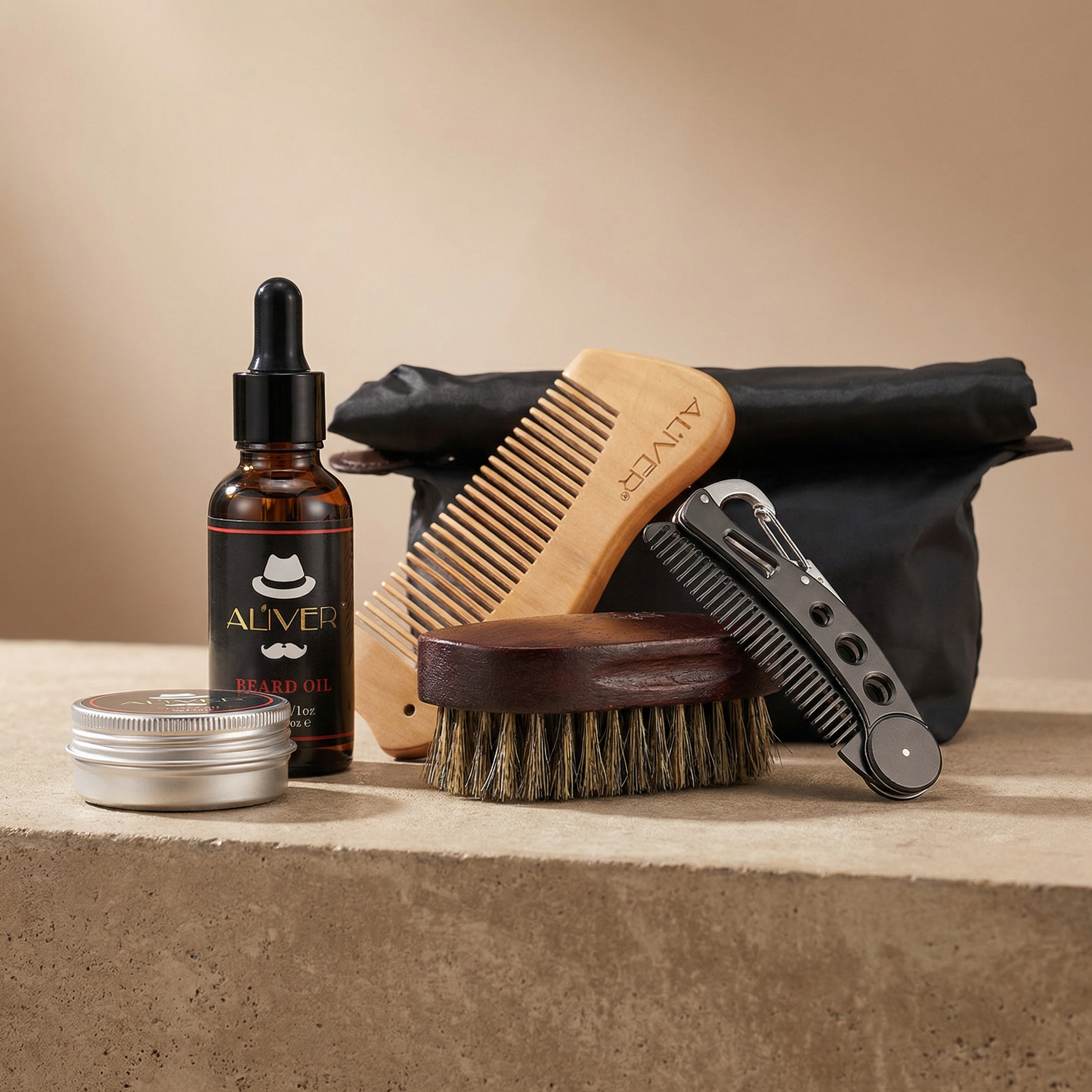 Beard Kit image: "Primal State 7 piece mens beard grooming kit with oil wax comb brush and scissors UK"