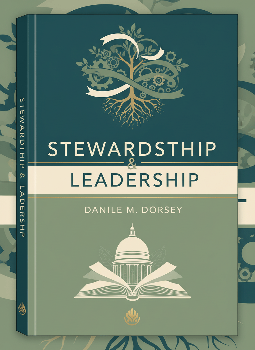 Professional book cover design. Title: "Stewardship & Leadership". Author: "Daniele M. Dorsey". Style: professional and transformative. Color palette: deep teal, cream, sage green, and gold. Clean modern typography, authoritative and polished layout. Portrait/vertical orientation.