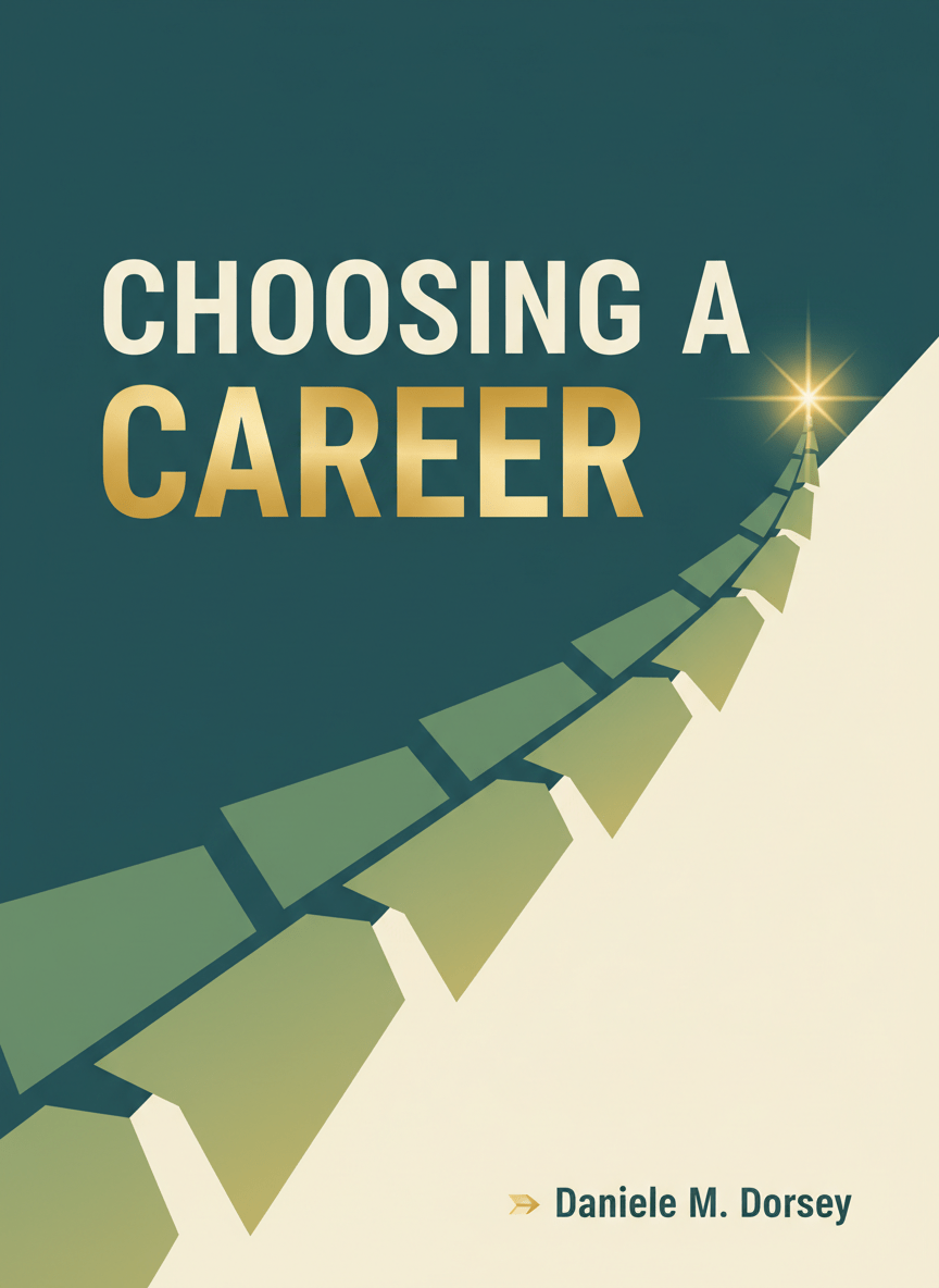 A flat, modern digital eBook cover for "Choosing a Career" by Daniele M. Dorsey. Motivating and energetic style. Use the site colors: deep teal, cream, sage green, and gold. Clean typography with the title "Choosing a Career" prominently displayed and "Daniele M. Dorsey" as the author name at the bottom. Upward arrow or path imagery suggesting direction and opportunity. Professional and inspiring design.