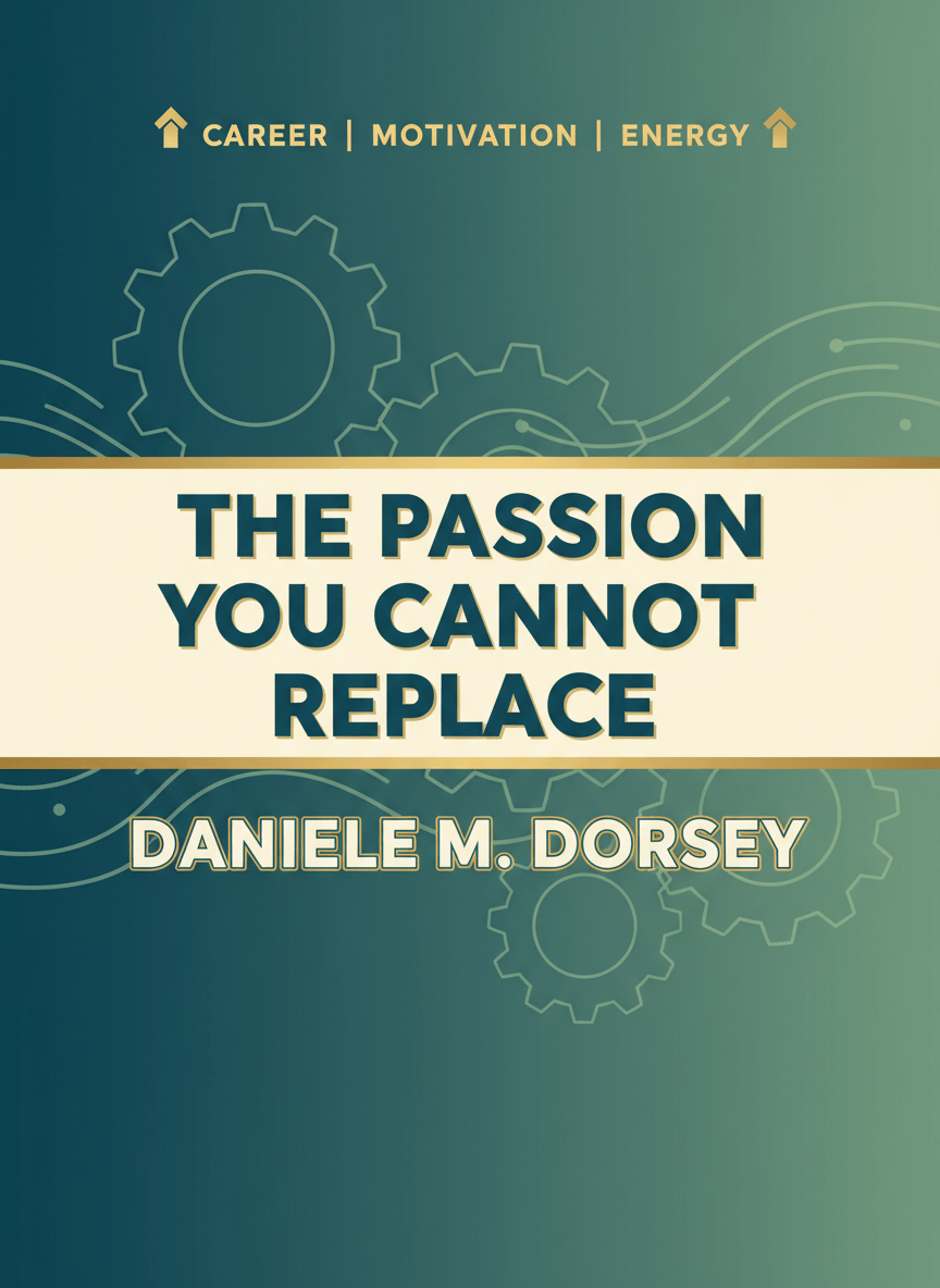 Professional eBook cover with flat digital design. Title: "The Passion You Cannot Replace". Author: "Daniele M. Dorsey". Career category - motivating and energetic feel. Use the site colors: deep teal, cream, sage green, and gold. Bold modern typography, clean layout, no textures or 3D effects. Portrait orientation.