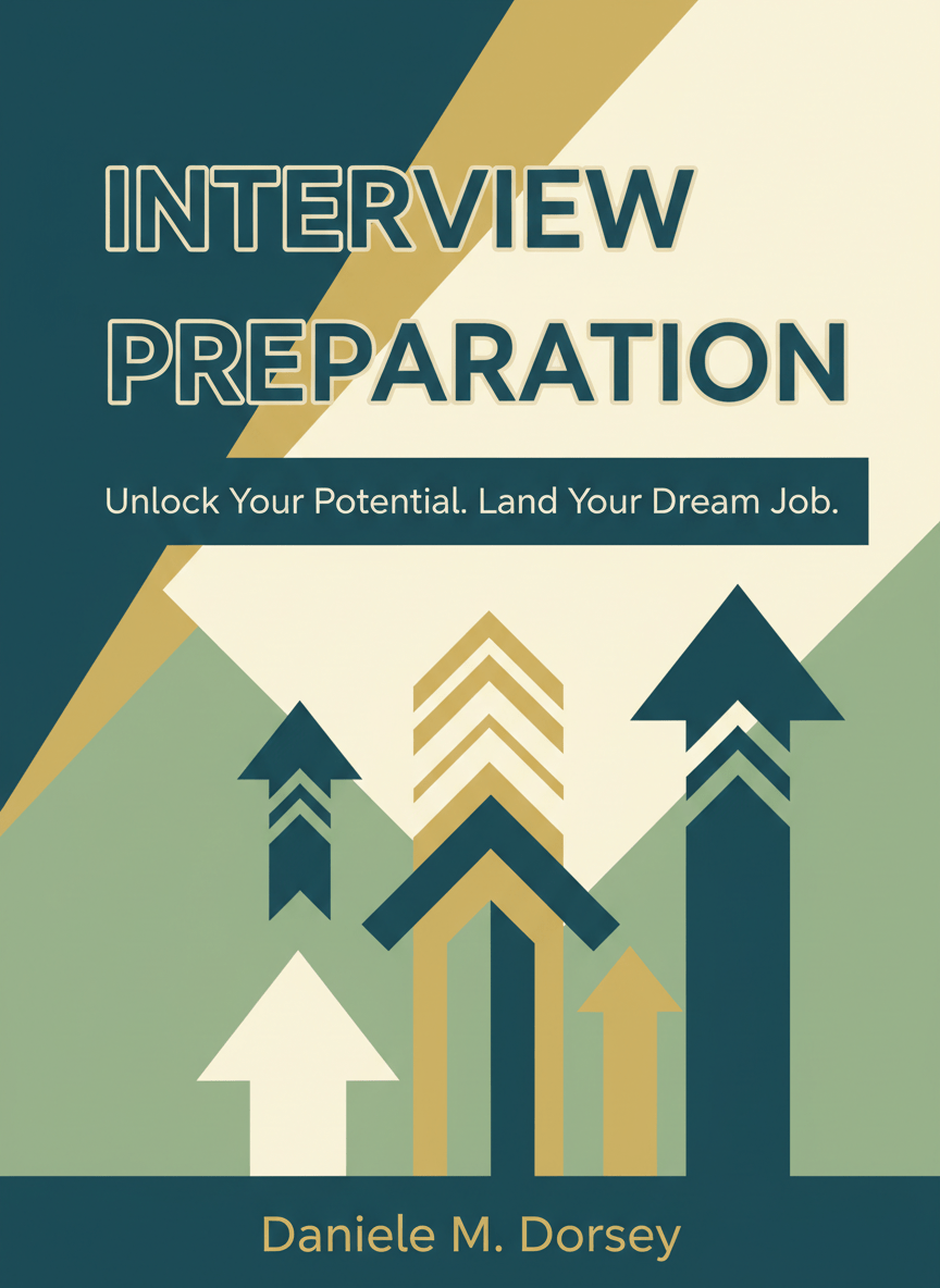 A professional flat digital eBook cover for "Interview Preparation" by Daniele M. Dorsey. Motivating and energetic style. Use the site colors: deep teal, cream, sage green, and gold. Clean modern typography, bold title text, flat design with geometric shapes or subtle upward arrows/growth motifs. Portrait orientation. Author name "Daniele M. Dorsey" at the bottom.