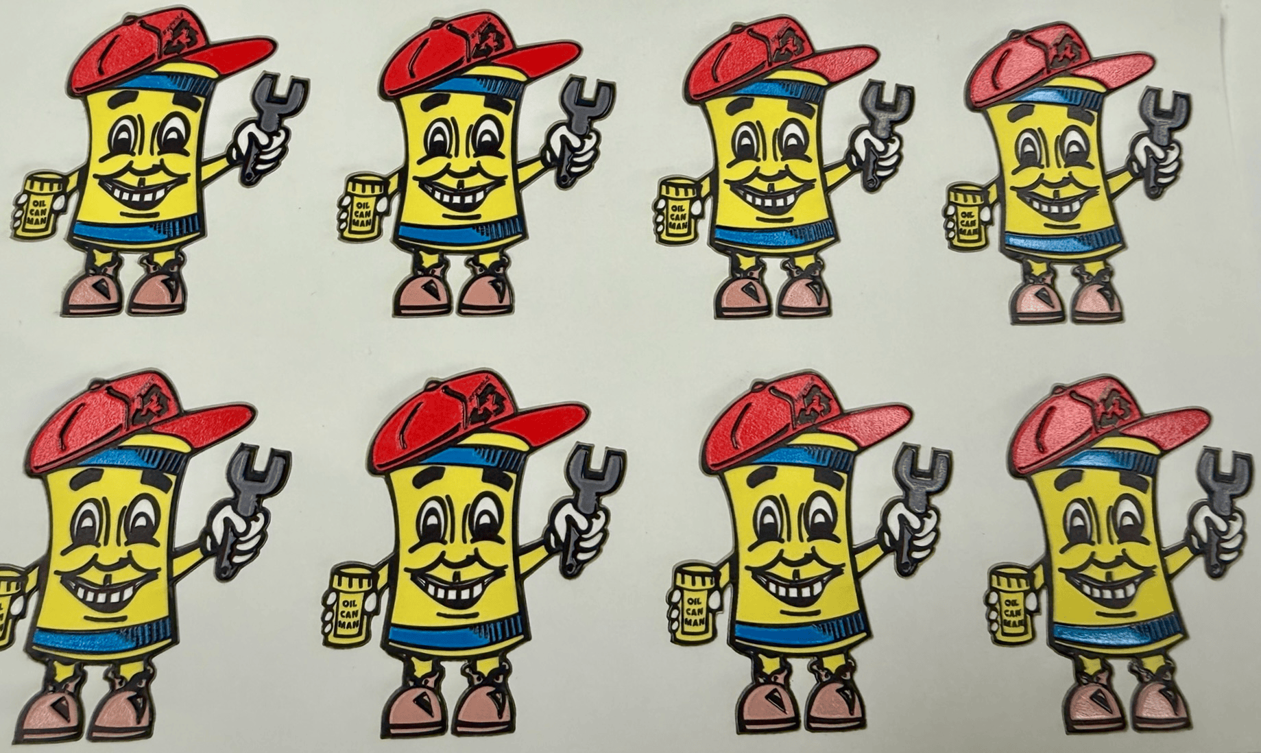 3D UV patches with the Oil Can Man logo, raised and layered