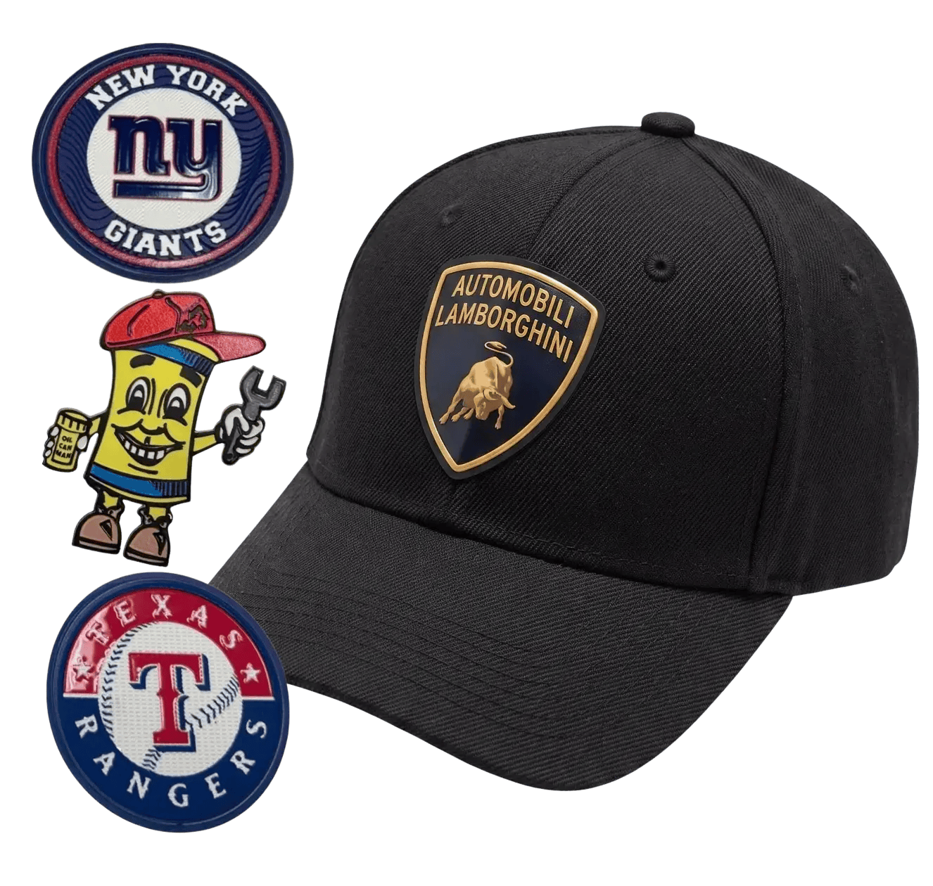 Black cap with a raised 3D UV patch, surrounded by custom patches