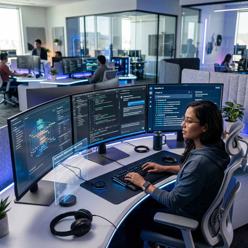 Software developer coding AI applications on multiple curved monitors with holographic interface