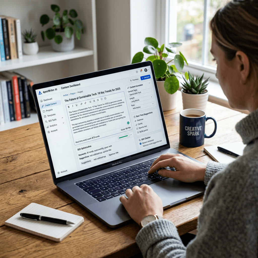 Person typing on laptop with AI content dashboard on screen