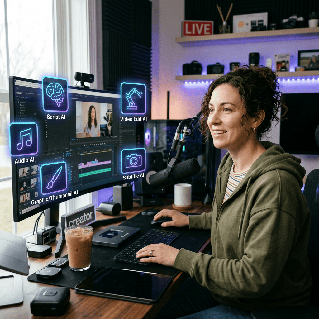 Woman editing video with AI tools for script, audio, subtitles, and graphics on computer screen