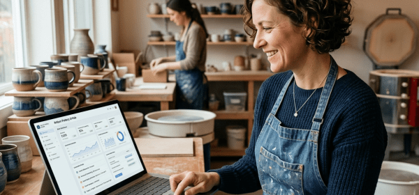 Pottery artist using laptop to view sales and analytics in studio