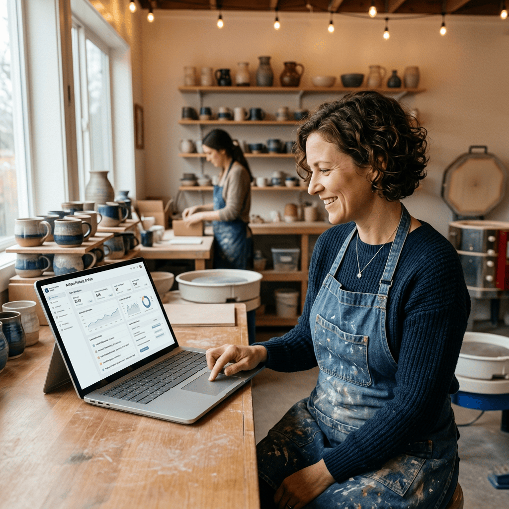 Pottery artist using laptop to view sales and analytics in studio