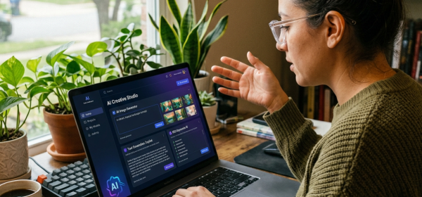 Woman working on laptop with AI creative studio software interface displayed