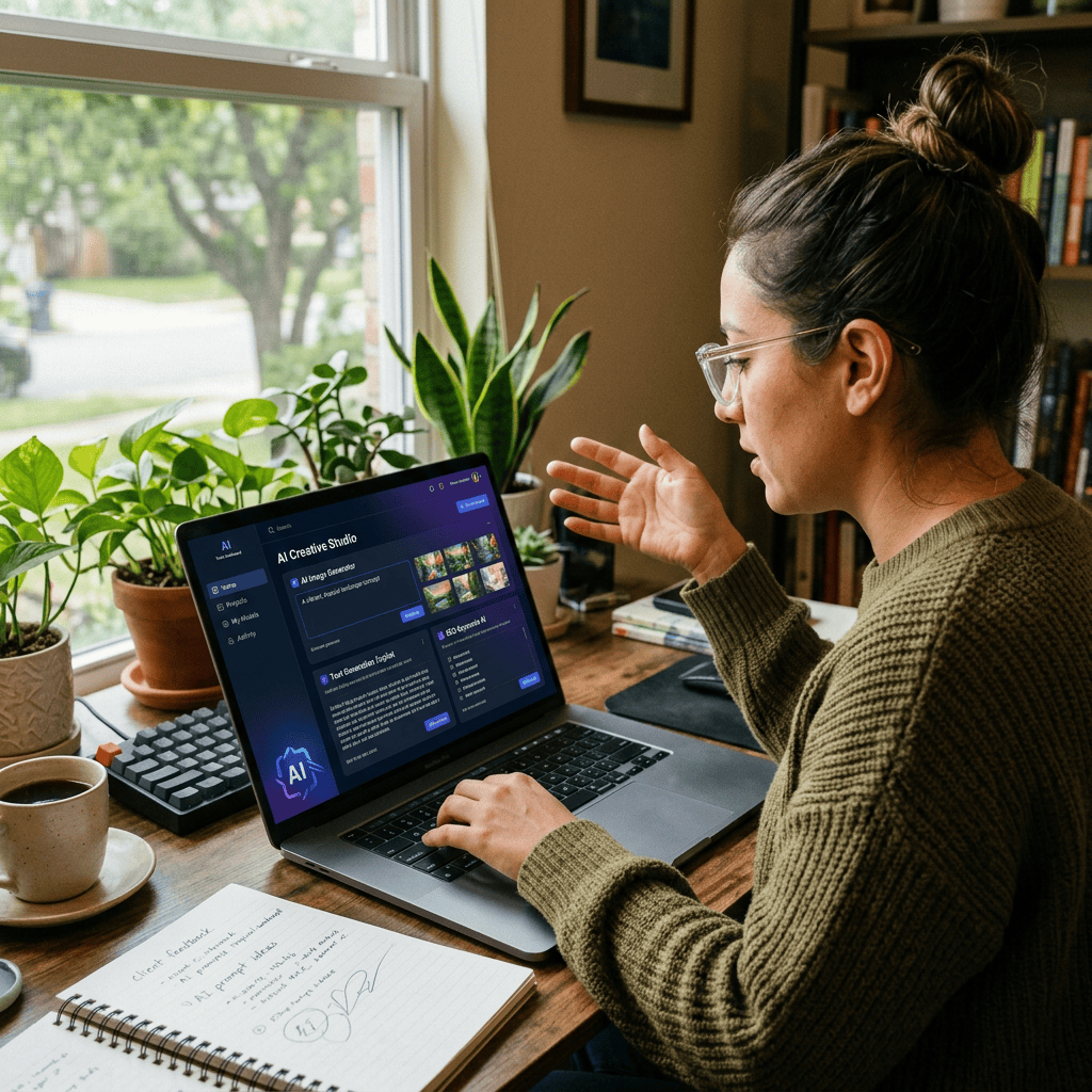 Woman working on laptop with AI creative studio software interface displayed