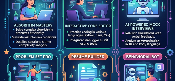Best AI tools for coding interviews including Algorithm Ace, Code Master AI, Mock Interviewer, Problem Set Pro, Resume Builder, and Behavioral Bot with their key features.