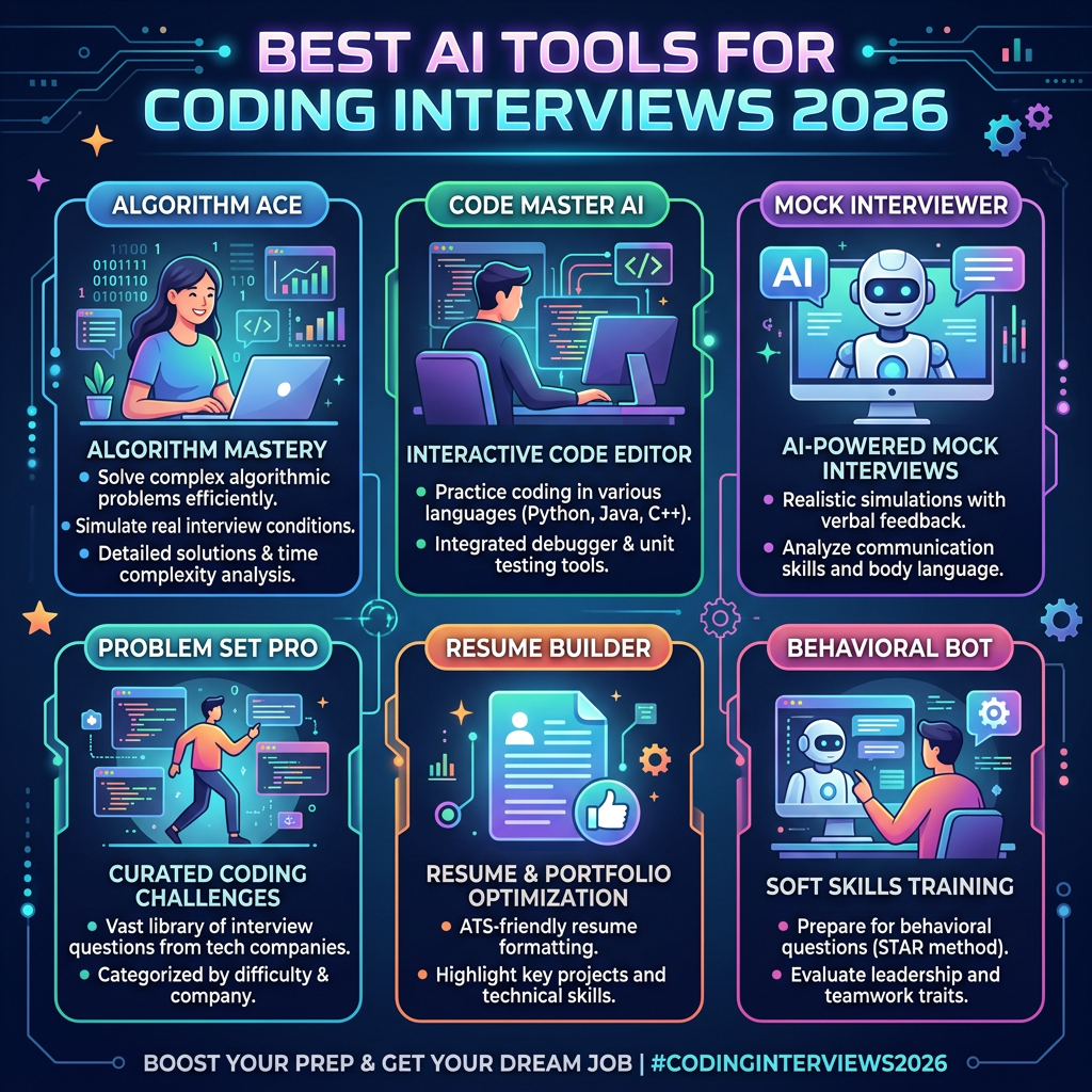 Best AI tools for coding interviews including Algorithm Ace, Code Master AI, Mock Interviewer, Problem Set Pro, Resume Builder, and Behavioral Bot with their key features.
