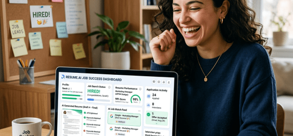 Woman smiling at laptop showing job search success dashboard with hired status