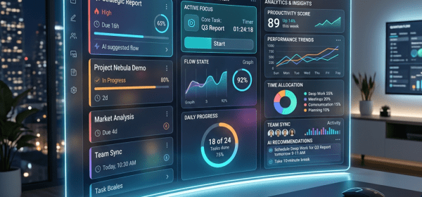 Transparent digital dashboard displaying project tasks, progress charts, and AI recommendations
