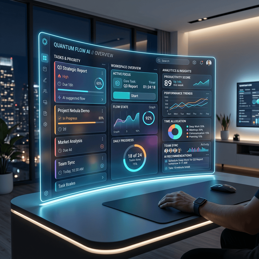 Transparent digital dashboard displaying project tasks, progress charts, and AI recommendations