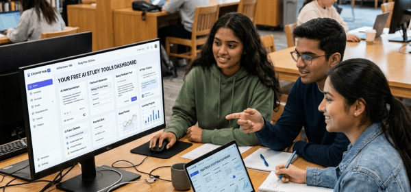 Three students studying together using AI study tools on a desktop monitor and laptop in a library
