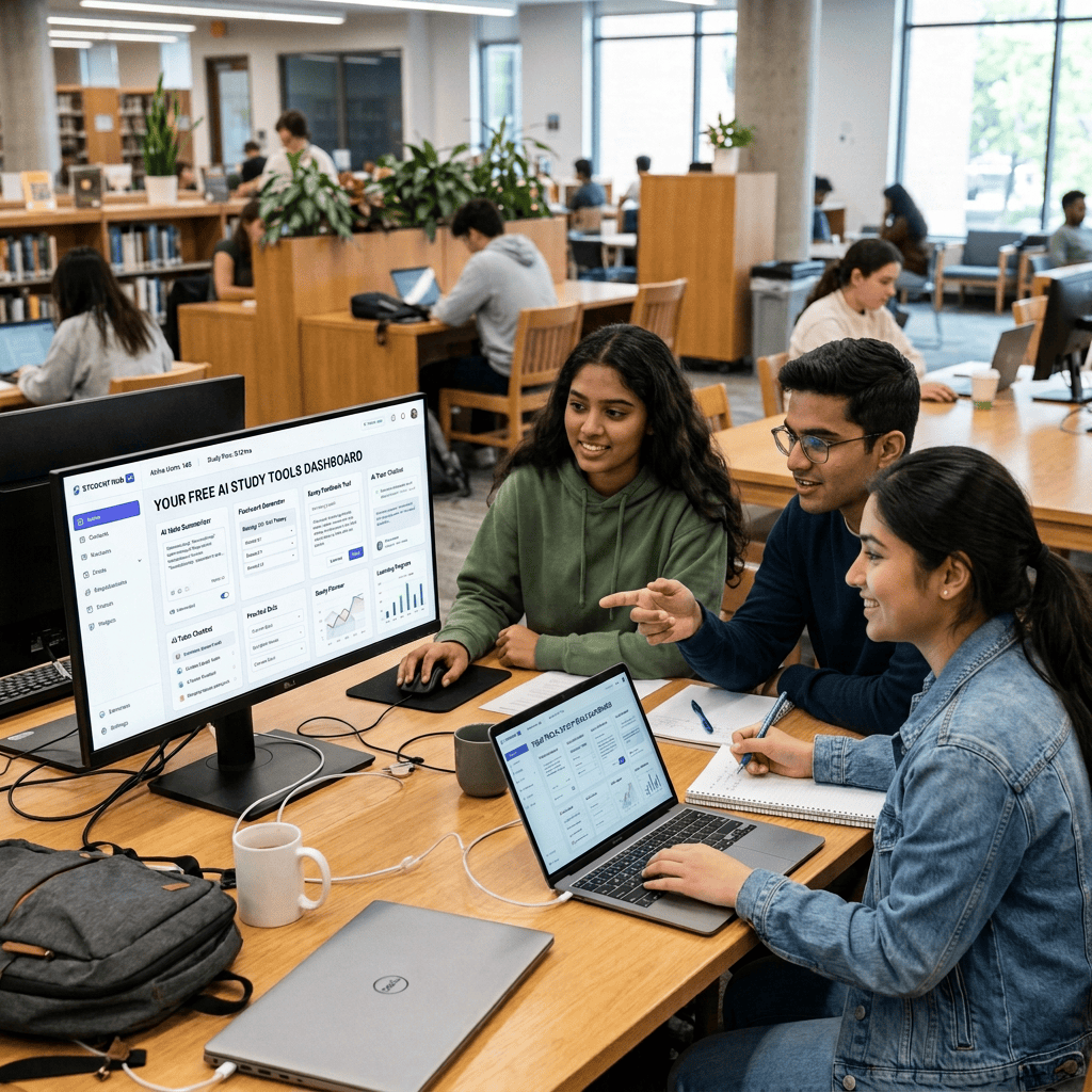Three students studying together using AI study tools on a desktop monitor and laptop in a library
