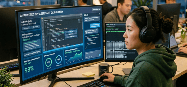 Developer working at a dual-monitor setup displaying an AI-powered development assistant dashboard and code editor