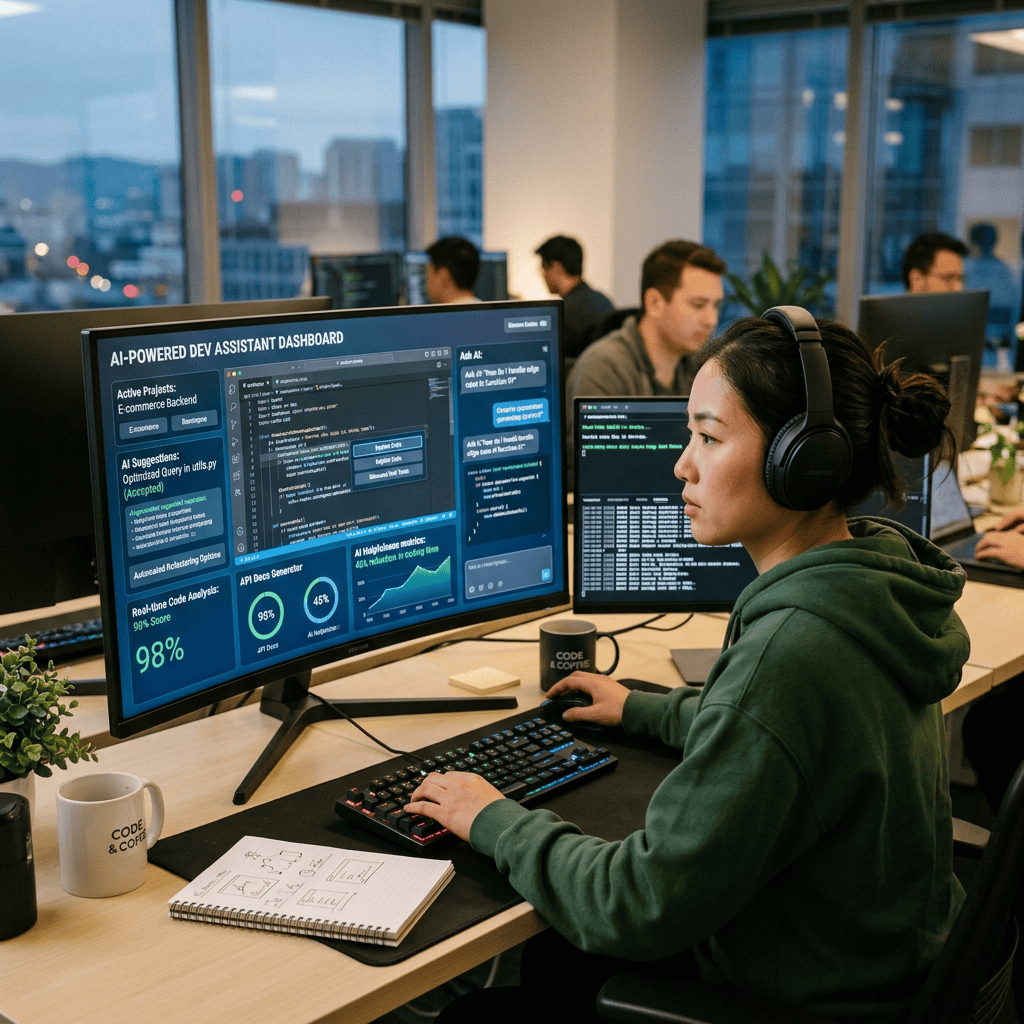 Developer working at a dual-monitor setup displaying an AI-powered development assistant dashboard and code editor
