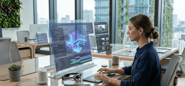 Woman using augmented reality interface to design a 3D building model at a desk in an office