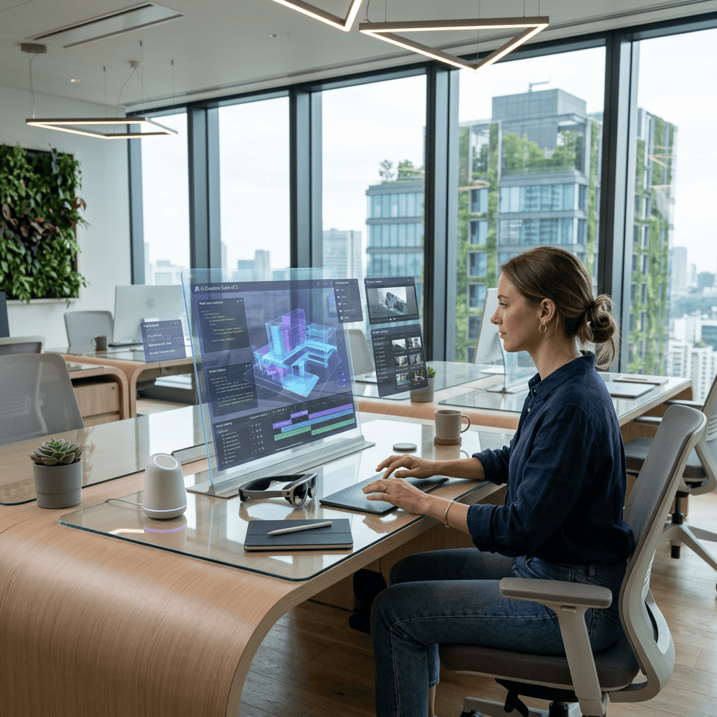 Woman using augmented reality interface to design a 3D building model at a desk in an office
