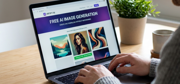 Person using laptop to view AI-generated images on a free image generation website