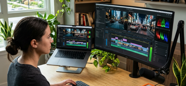 Woman editing video on dual computer monitors in a home office