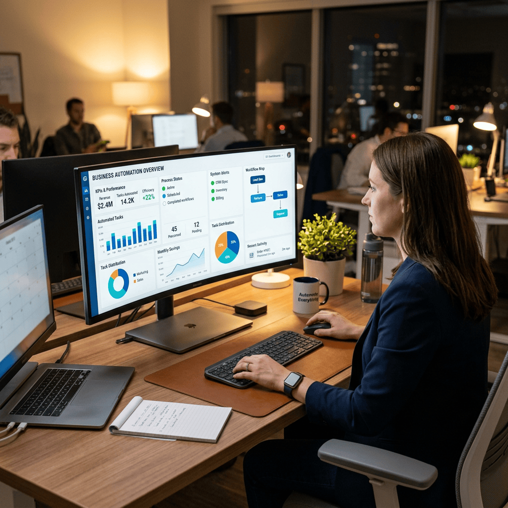 Woman working at desk with business automation dashboard on large monitor