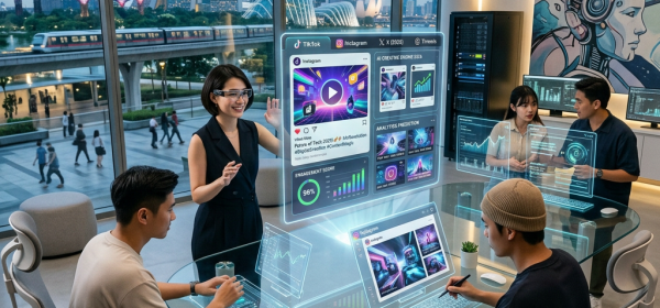 Team collaborating with holographic social media data displays in a modern office
