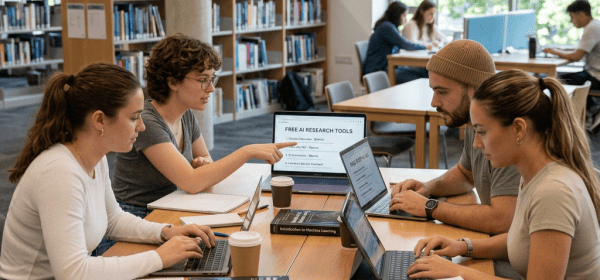 Group of four students working together on laptops at a library table with books on AI and data science