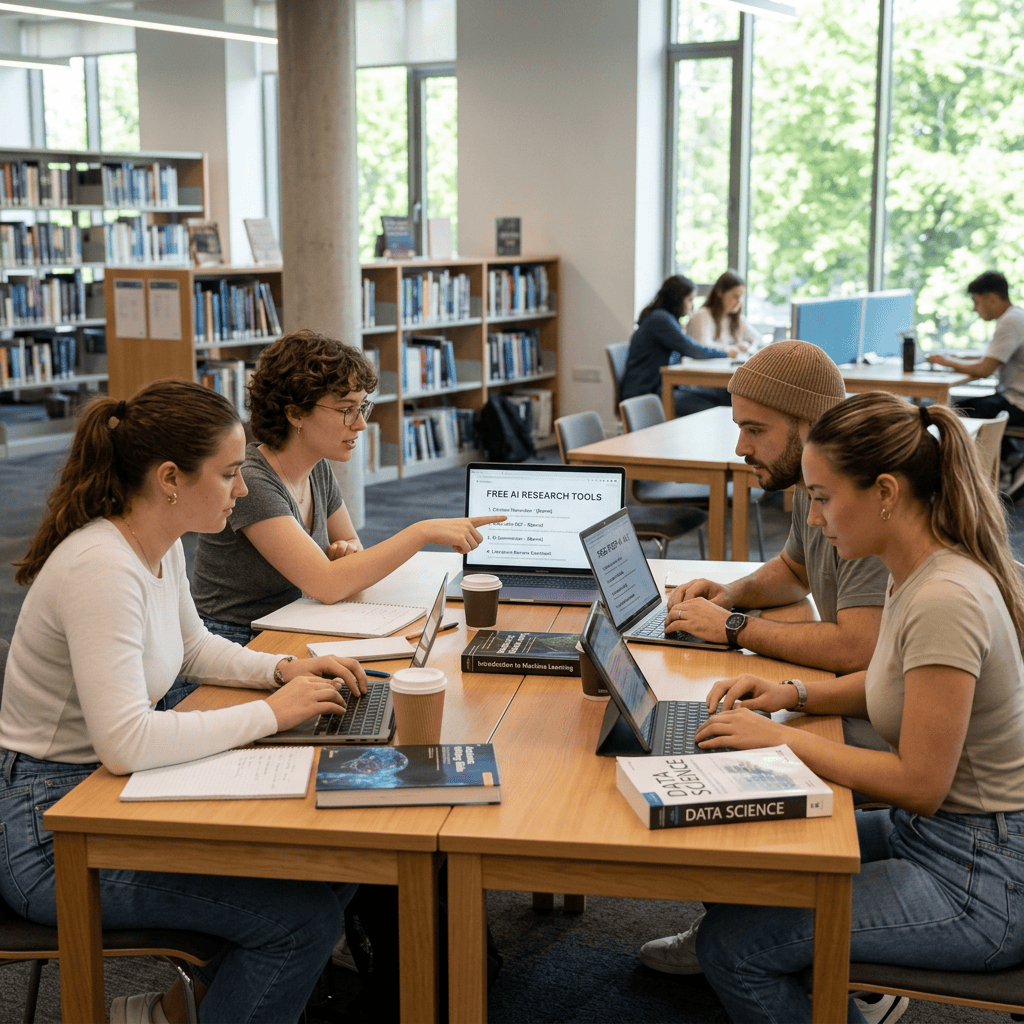 Group of four students working together on laptops at a library table with books on AI and data science