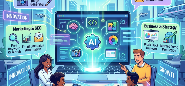 Startup team collaborating with free AI tools for content creation, marketing, coding, business strategy, and customer support.