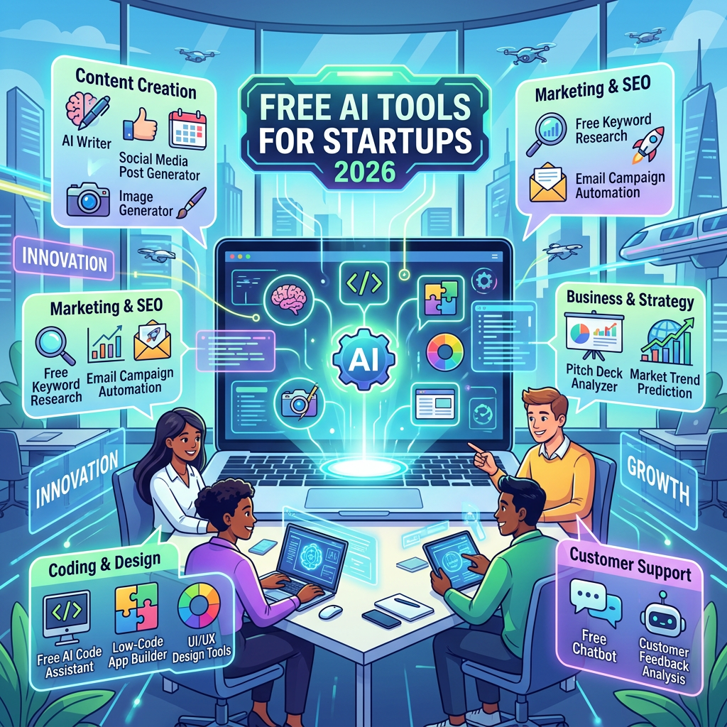 Startup team collaborating with free AI tools for content creation, marketing, coding, business strategy, and customer support.