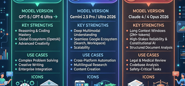 Comparison of 2026 AI models ChatGPT, Gemini, and Claude with versions, strengths, use cases, and icons.