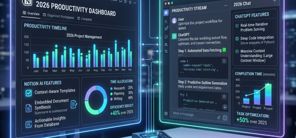 Dual monitors showing 2026 productivity comparison between Notion AI with project management charts and ChatGPT with code and chat interface
