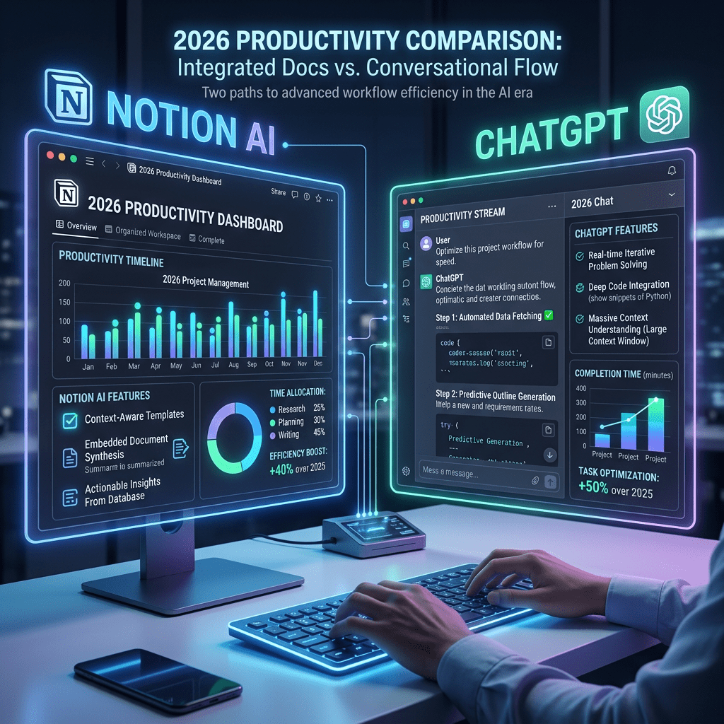 Dual monitors showing 2026 productivity comparison between Notion AI with project management charts and ChatGPT with code and chat interface