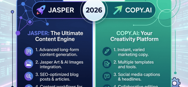 Comparison of Jasper and Copy.ai AI writing tools with listed features for 2026