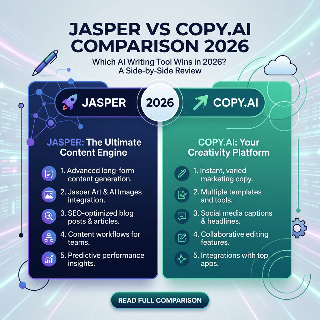 Comparison of Jasper and Copy.ai AI writing tools with listed features for 2026