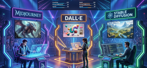 Midjourney, DALL·E, and Stable Diffusion AI image generators competing on stage with digital interfaces and audience watching.