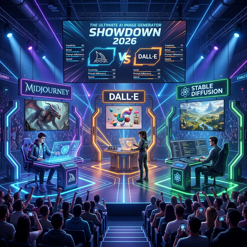 Midjourney, DALL·E, and Stable Diffusion AI image generators competing on stage with digital interfaces and audience watching.