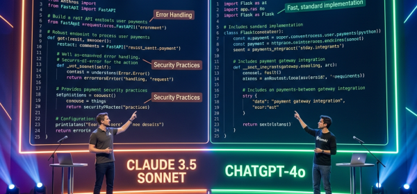 Two presenters on stage showing Python code for REST API payment processing with CLAUDE 3.5 and CHATGPT-4o