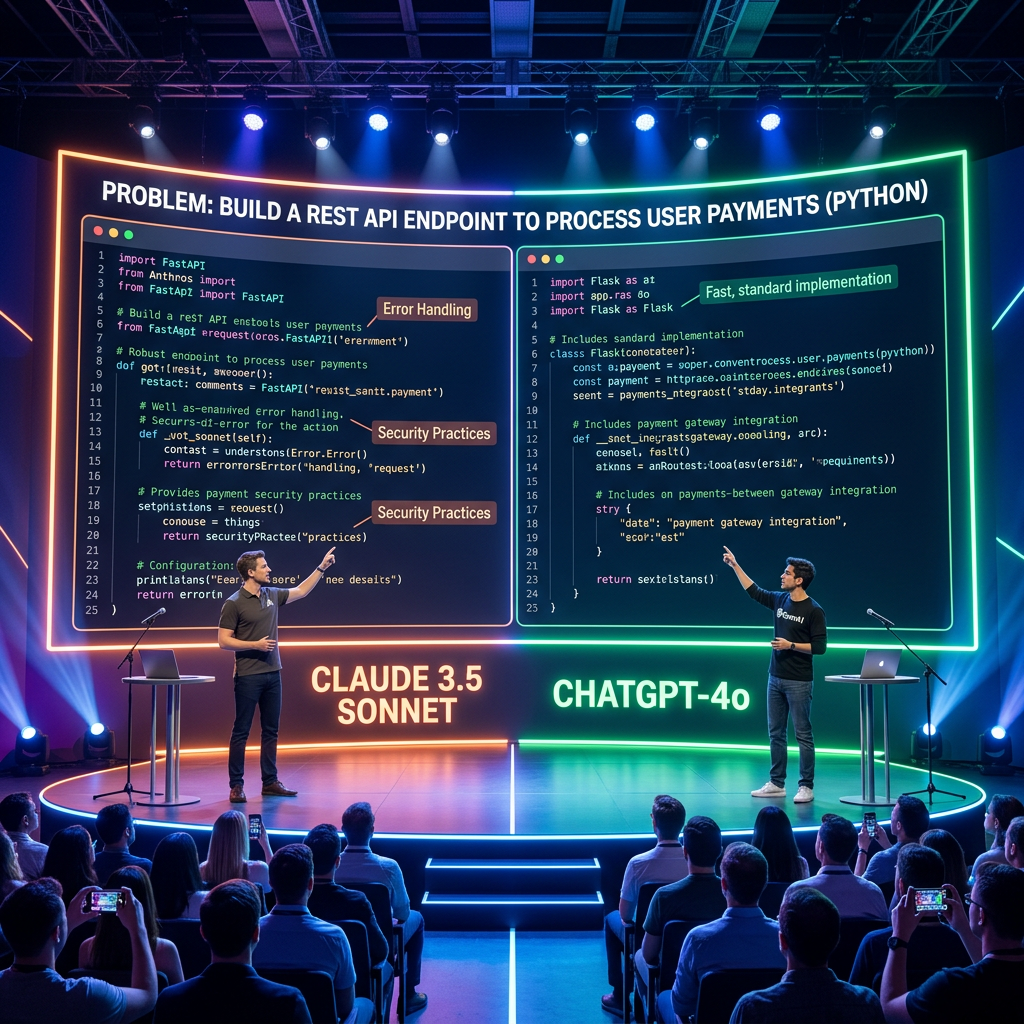 Two presenters on stage showing Python code for REST API payment processing with CLAUDE 3.5 and CHATGPT-4o