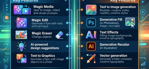 Comparison chart listing key features and core focus of Canva AI and Adobe Firefly