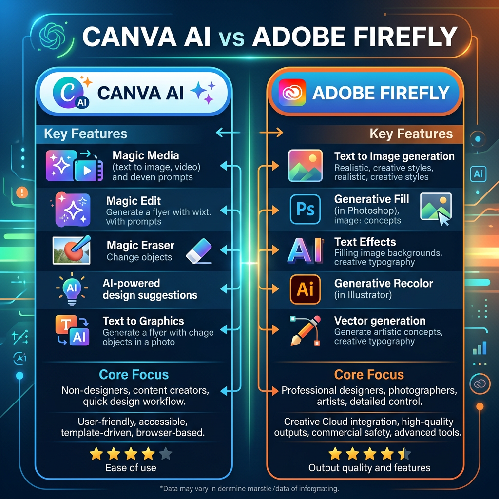 Comparison chart listing key features and core focus of Canva AI and Adobe Firefly