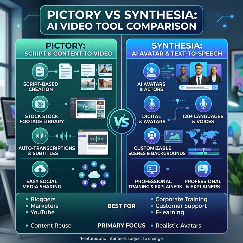 Comparison of Pictory and Synthesia AI video tools with features and best uses