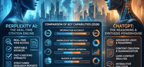 Comparison chart of Perplexity AI and ChatGPT showing strengths in accuracy, knowledge, speed, creativity, and tool integration