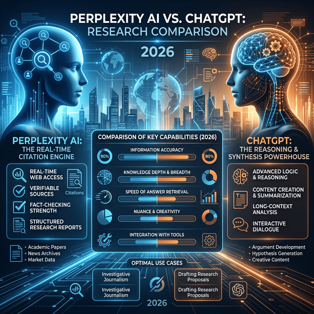 Comparison chart of Perplexity AI and ChatGPT showing strengths in accuracy, knowledge, speed, creativity, and tool integration