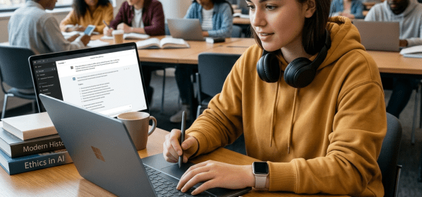 Student using laptop with stylus and study guide in library setting